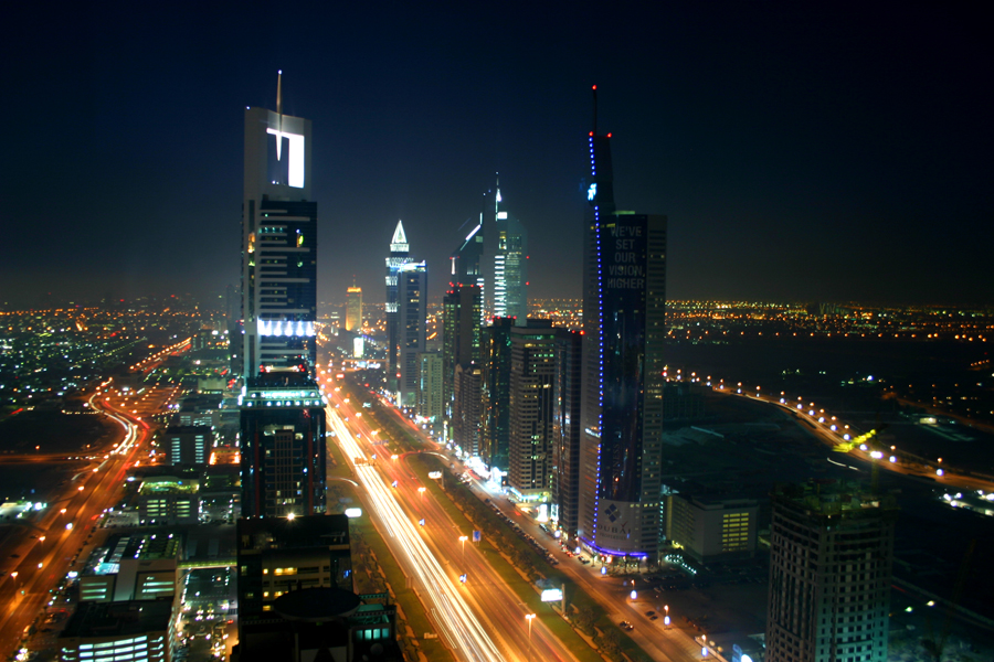Nightscape of the high-rise section of Dubai, Unitd Arab Emirates.