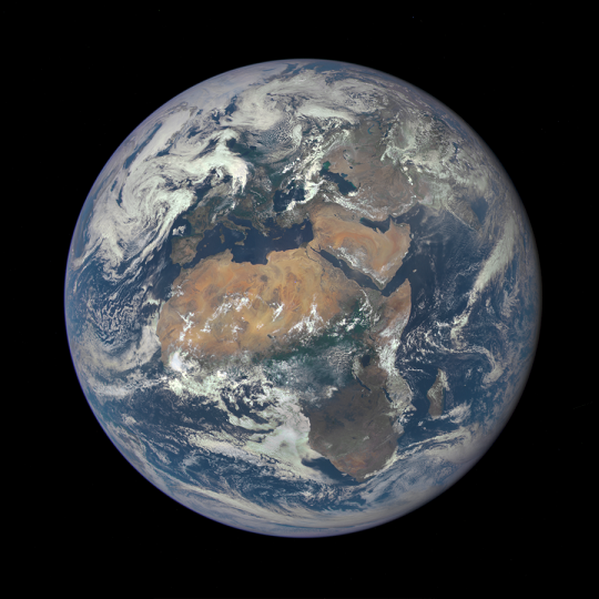 Africa is front and center in this image of Earth taken by a NASA camera on the Deep Space Climate Observatory (DSCOVR) satellite. The image, taken July 6 2015 from a vantage point one million miles from Earth, was one of the first taken by NASA’s Earth Polychromatic Imaging Camera (EPIC). Central Europe is toward the top of the image with the Sahara Desert to the south, showing the Nile River flowing to the Mediterranean Sea through Egypt. The photographic-quality color image was generated by combining three separate images of the entire Earth taken a few minutes apart. The camera takes a series of 10 images using different narrowband filters -- from ultraviolet to near infrared -- to produce a variety of science products. The red, green and blue channel images are used in these Earth images. 6 July 2015. Photo Credit: NASA