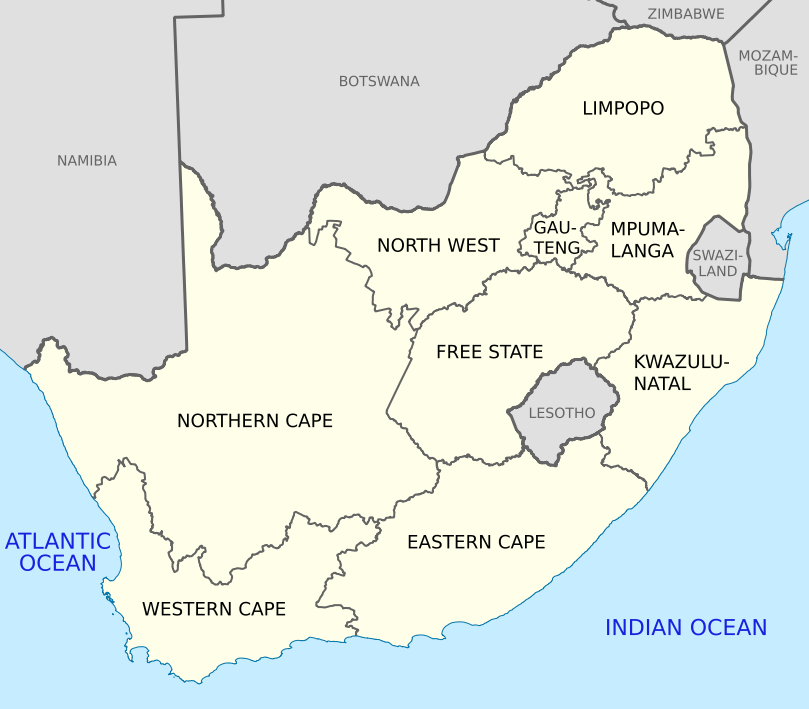 Map of South Africa, with provinces, neighbouring countries and oceans labelled in English. Author: Htonl. Source: Wikipedia.