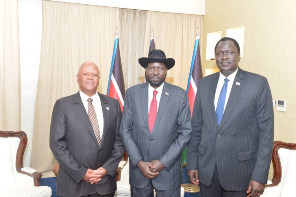 From left to right is South African Energy minister Jeff Radebe, president of South Sudan, Salva Kiir Mayardit and Ambassador Ezekiel Lol Gatkuoth, Minister of Petroleum of the Republic of South Sudan