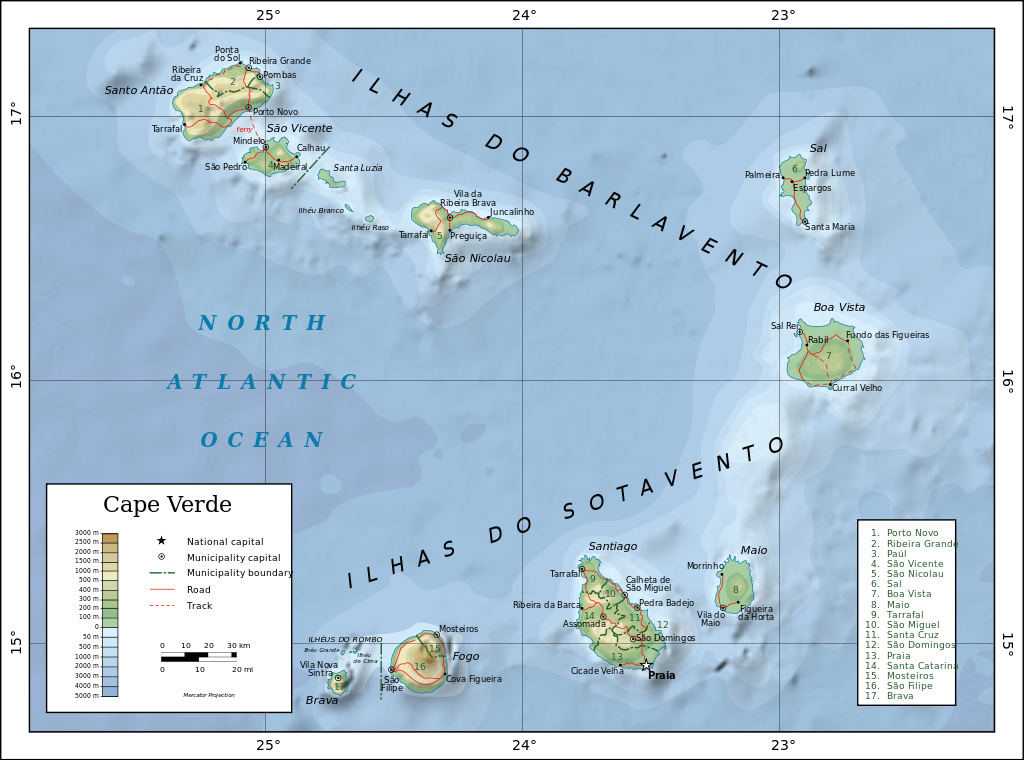 Topographic map of Cape Verde. Author Oona Räisänen (Mysid). Wikipedia.