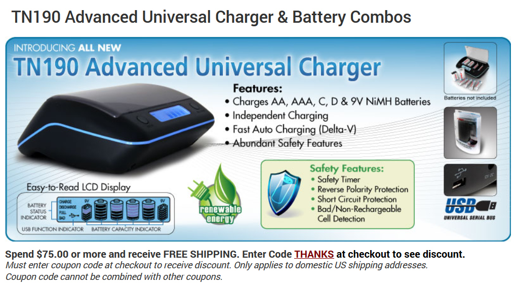 TN190 Advanced Universal Charger & Battery Combos