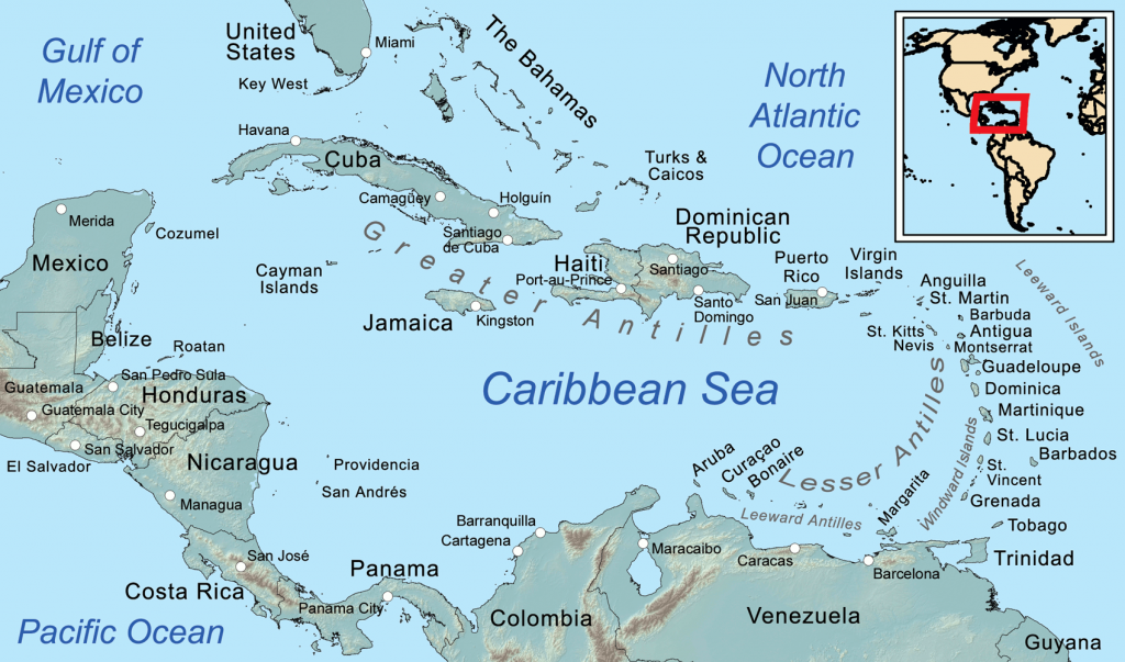 Map of the Caribbean Sea and its islands. 9 April 2011. Author Kmusser.