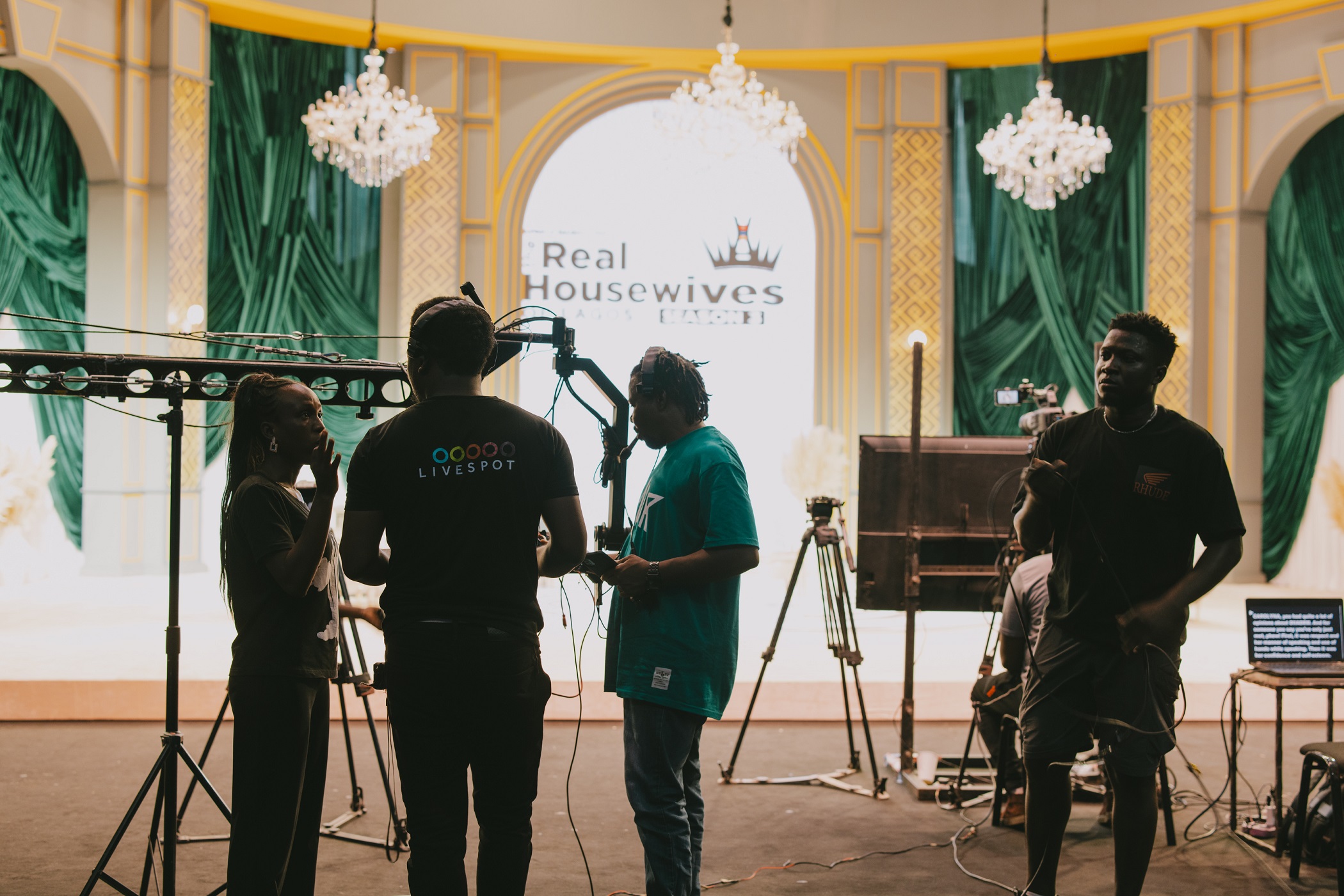 Livespot production crew working with camera equipment on the set of The Real Housewives of Lagos season three reunion