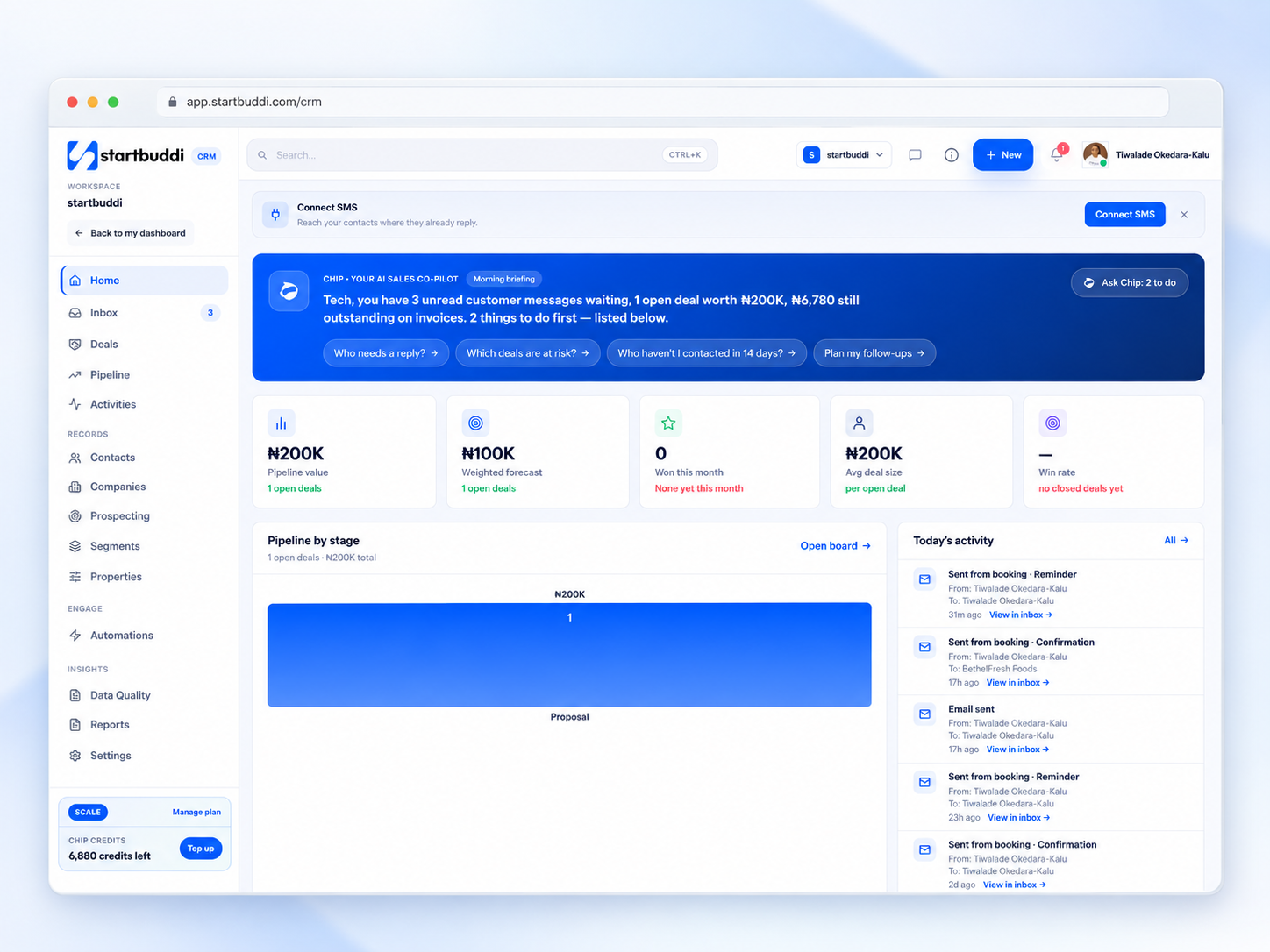 startbuddi CRM interface with a Chip AI sales copilot briefing and customer pipeline