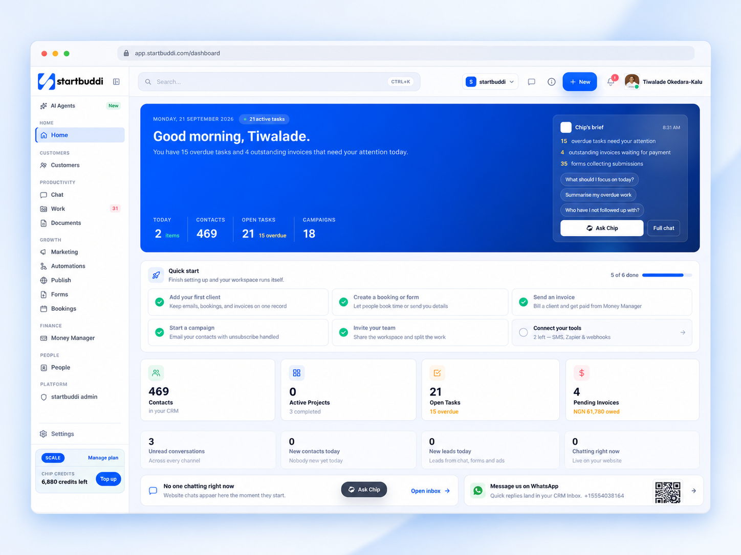 startbuddi dashboard showing tasks, contacts, bookings and a Chip AI briefing